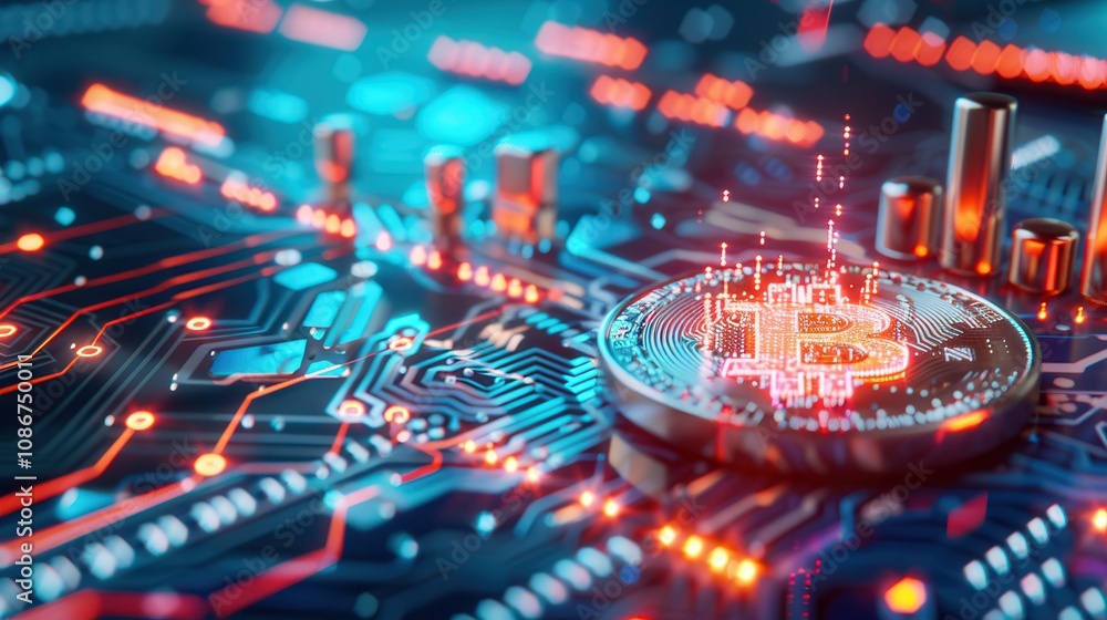 Poster close-up of a bitcoin cryptocurrency symbol on a circuit board with glowing digital lights and elect