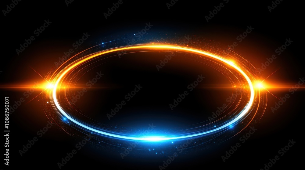 Poster a glowing circular design features blue and orange light effects on a dark background, creating a dy