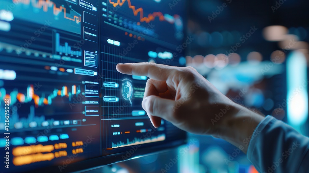 Poster close-up of a hand pointing at a digital financial dashboard on a screen, showcasing graphs, charts,