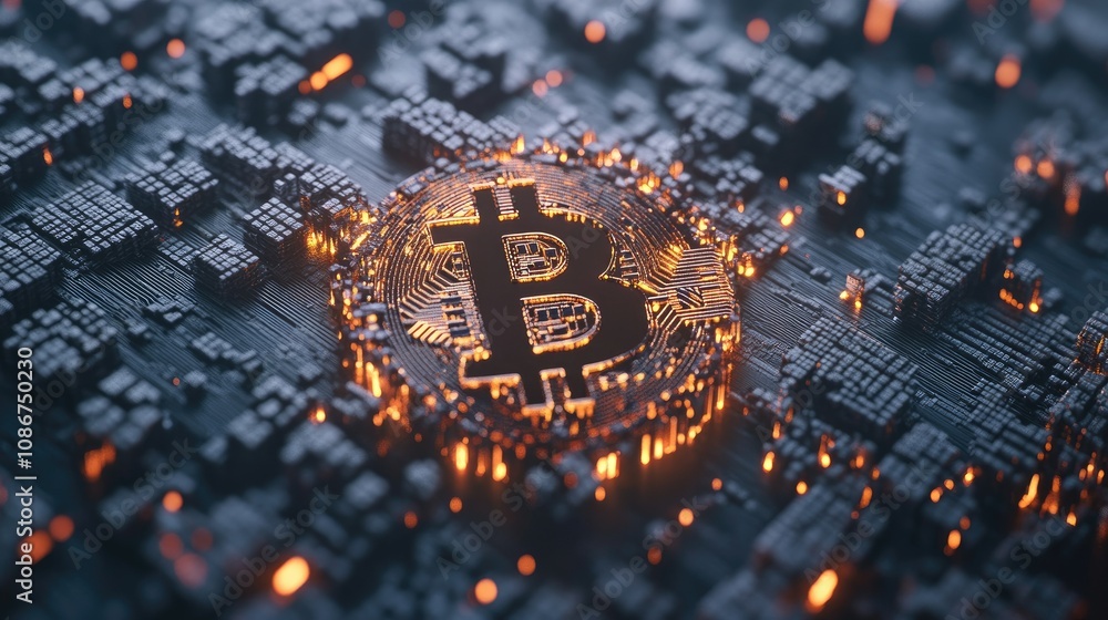 Poster digital representation of cryptocurrency with bitcoin symbol surrounded by glowing data matrix in a 