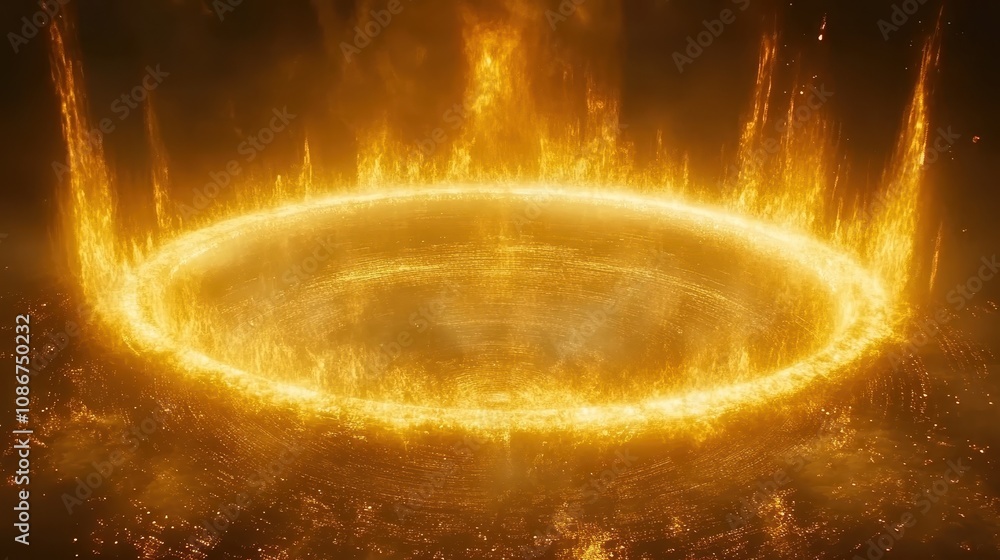 Poster a fiery circular formation radiating intense golden flames, creating a dynamic and captivating visua