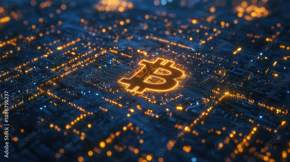Poster bitcoin symbol illuminated on a digital circuit board, representing the fusion of cryptocurrency and