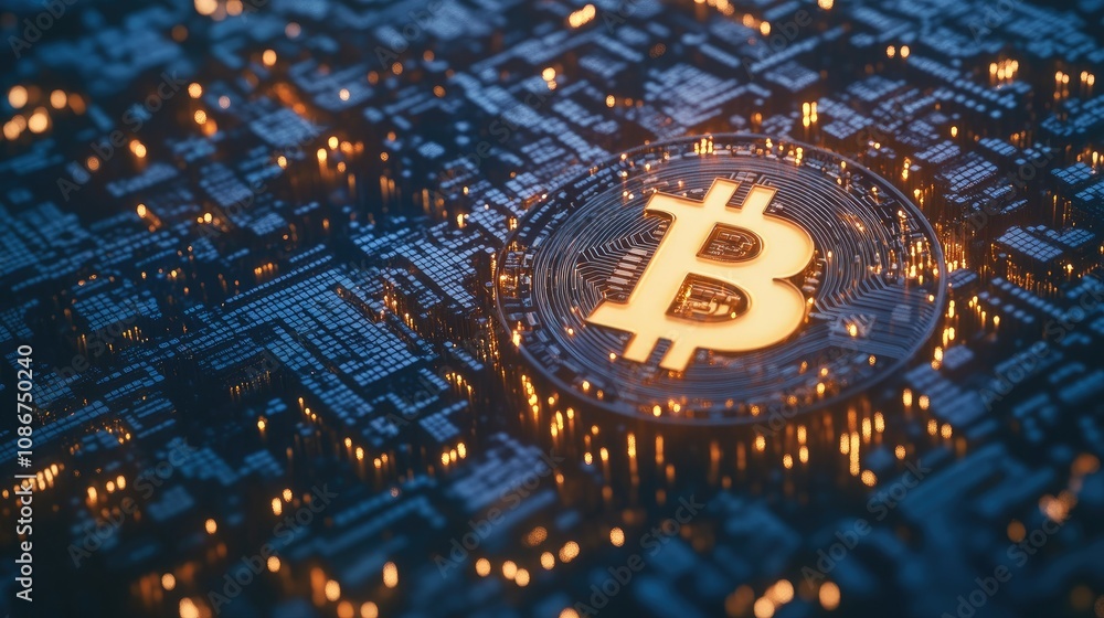Poster detailed close-up view of bitcoin cryptocurrency coin on a digital circuit board background with glo