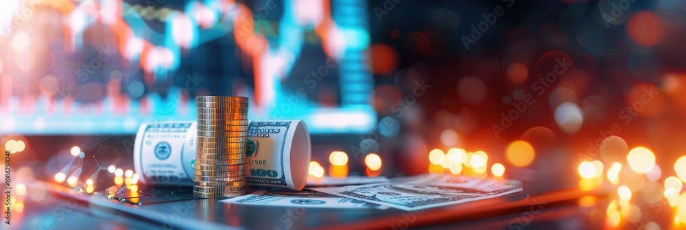 Aufkleber a stack of golden coins and rolled dollar bills placed on a tablet with a blurred background showing