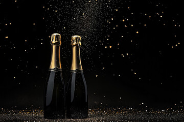 Hintergrund mit Champagnerflaschen und schwebenden Glitzerpartikeln, ideal für festliche Anlässe