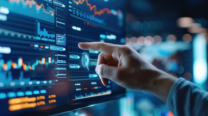 Close-up of a hand pointing at a digital financial dashboard on a screen, showcasing graphs, charts, and data analytics in a futuristic setup.