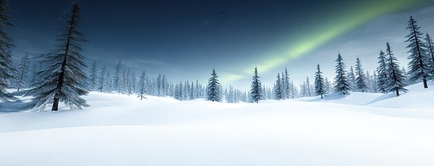 A breathtaking winter night with snow-covered trees illuminated by the northern lights dancing in the dark sky