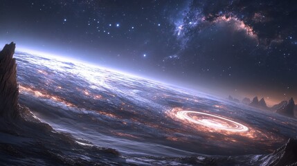Naklejka premium A stunning cosmic scene depicting a distant planet surrounded by swirling galaxies and starry skies, evoking a sense of wonder and exploration.
