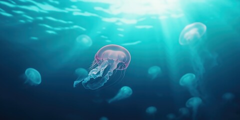 A wide shot of jellyfish drifting gracefully through the open ocean