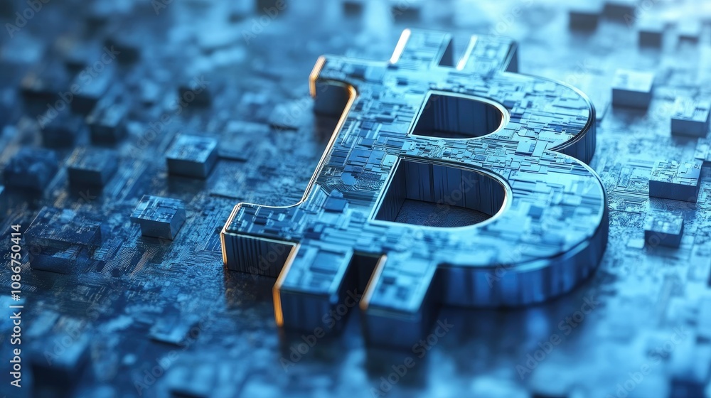 Poster 3d representation of bitcoin logo standing out against a digital background featuring block elements
