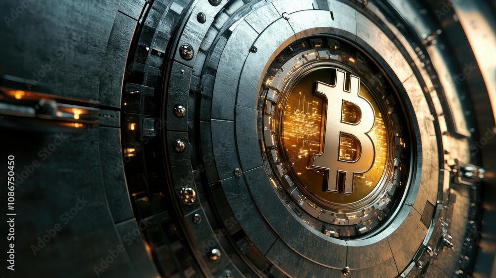 Poster intricate bitcoin symbol set against a high-tech background with glowing elements representing the f