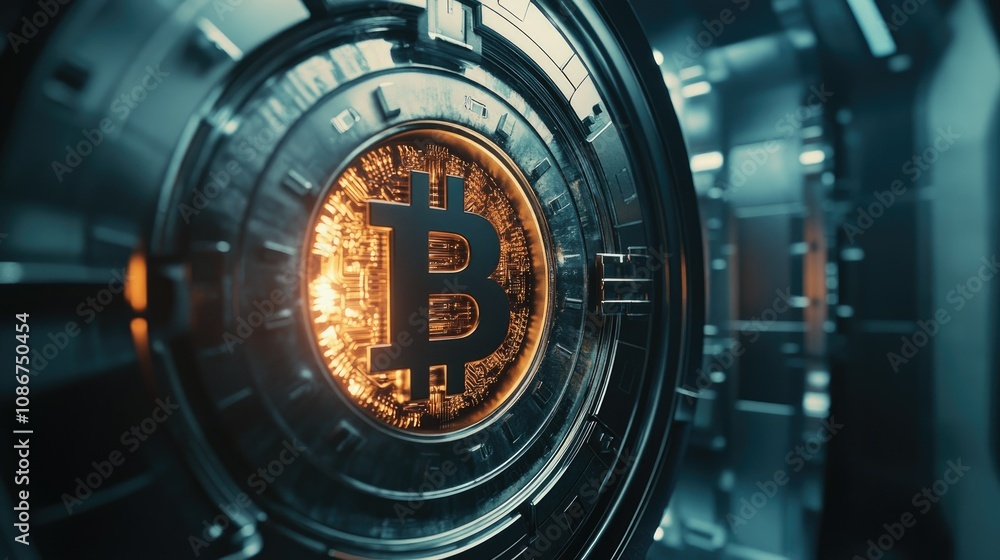 Poster intricate close-up of bitcoin symbol in a high-tech digital vault representing cryptocurrency securi