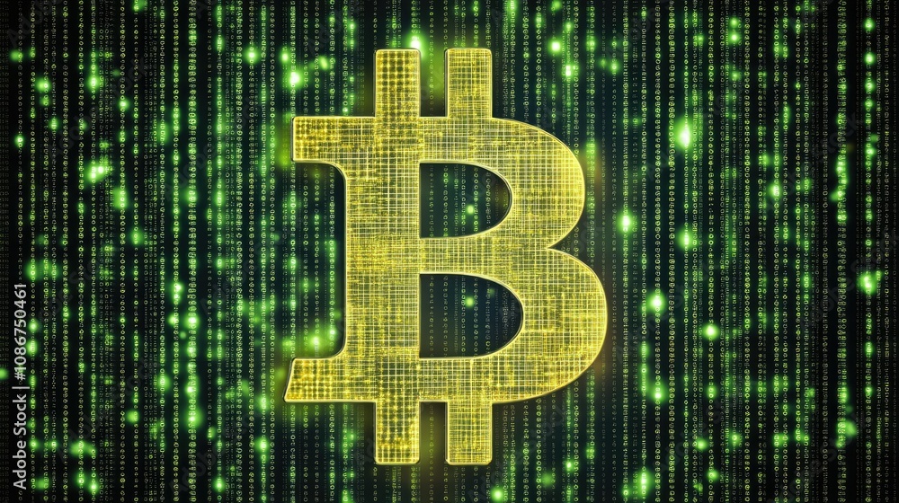 Poster bright neon bitcoin symbol surrounded by green binary code matrix representing digital currency and 