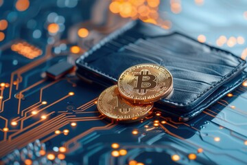 Close-up of Bitcoin cryptocurrency coins placed beside a leather wallet on a digital circuit board, symbolizing digital wallets and secure cryptocurrency storage.