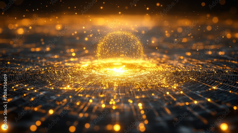 Poster a luminous golden sphere emerges from a textured background, surrounded by sparkling particles, crea