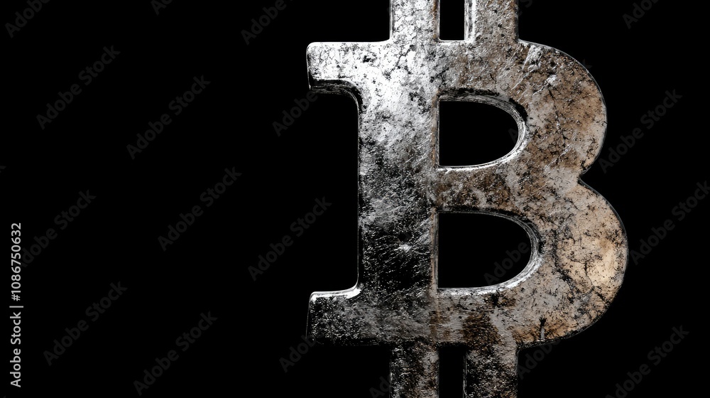 Poster metallic bitcoin symbol with rustic texture against a dark background representing cryptocurrency an