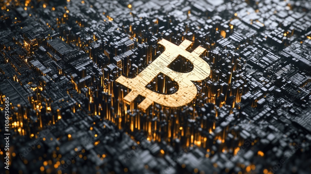 Aufkleber golden bitcoin symbol over abstract digital landscape with glowing lights representing cryptocurrenc
