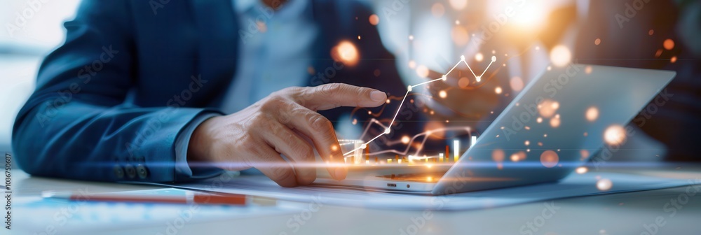 Poster close-up of a business professional pointing at financial data on a laptop screen with futuristic gl