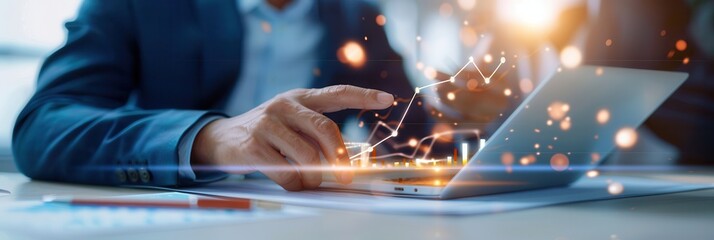 Close-up of a business professional pointing at financial data on a laptop screen with futuristic glowing graph overlays, symbolizing data analysis.