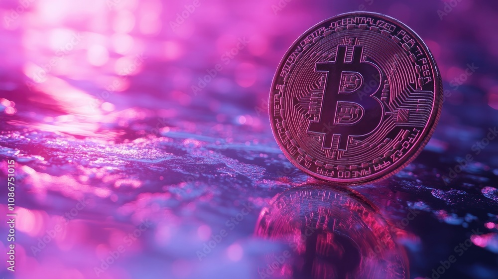 Poster close-up of a bitcoin coin reflecting light with abstract colorful background illustrating cryptocur