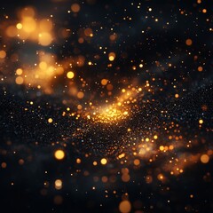 Fototapeta premium Golden particles swirling and creating a magical bokeh effect on a dark background, perfect for luxury, festive, or celebratory designs