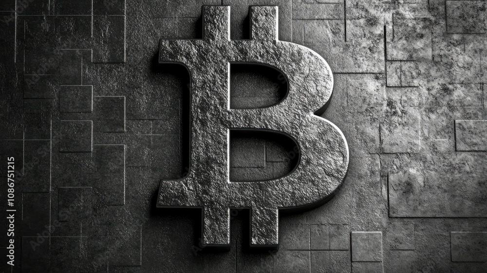 Poster three-dimensional bitcoin symbol on a textured gray background representing cryptocurrency investmen