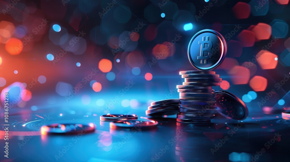 Poster stacks of bitcoin cryptocurrency coins illuminated by glowing bokeh lights in a vibrant, futuristic 