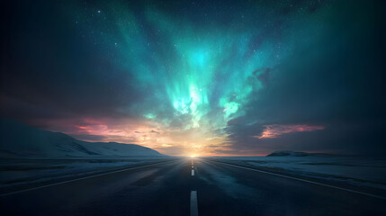 A breathtaking night sky illuminates a desolate road, showcasing vibrant auroras and a dramatic sunset, creating a serene yet awe-inspiring atmosphere.