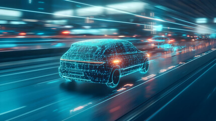 A futuristic car is depicted in a neon digital style while moving quickly through a blurred urban environment, showcasing speed and technology.