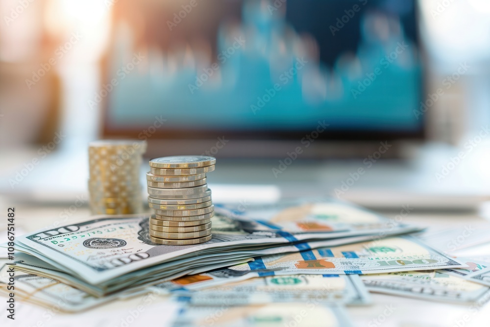 Poster a stack of coins placed on bundles of dollar bills with a blurred financial chart displayed on a scr