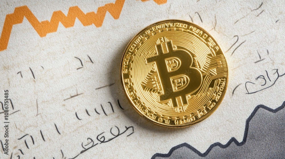 Poster golden bitcoin coin on financial data background and trend analysis with graphs illustrating cryptoc
