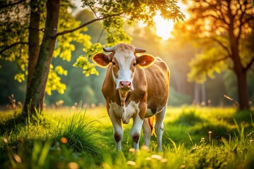 Candid Photography of a Lovely Cow Grazing in a Serene Pasture, Capturing the Beauty of Nature and Farm Life with Soft Lighting and Vibrant Greenery
