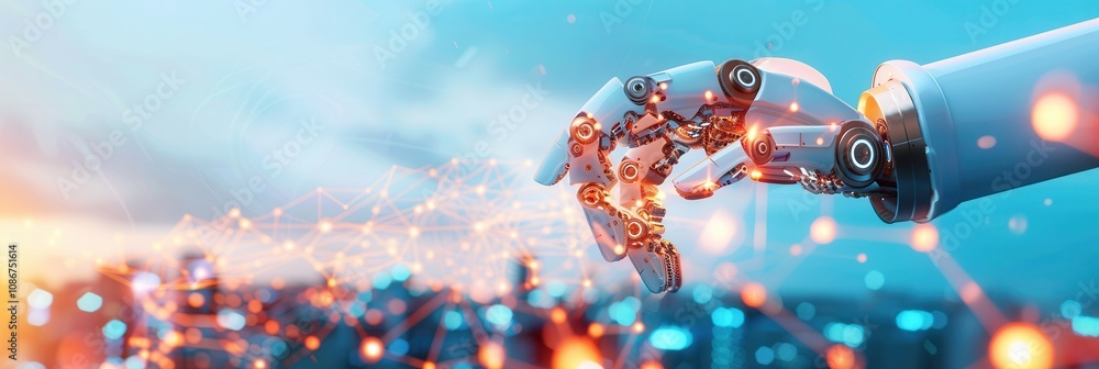 Aufkleber a robotic hand with intricate details, connecting with a glowing digital network in a futuristic set