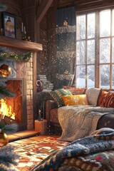 Warm country home ambiance with knitted blankets, a fireplace, and holiday decor.