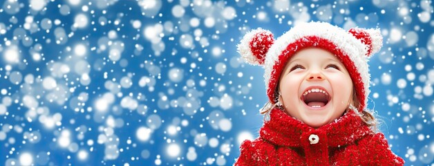 Little girl joyfully laughing in the snow with falling snowflakes, wearing a cozy red winter coat and hat in a beautiful winter wonderland