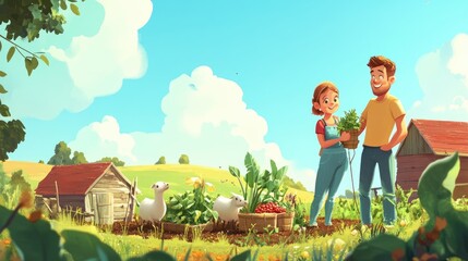 Obraz premium Cheerful Young Couple Harvesting Fresh Vegetables on a Sunny Day in a Lush Green Farm Landscape with Animals and Vibrant Plants