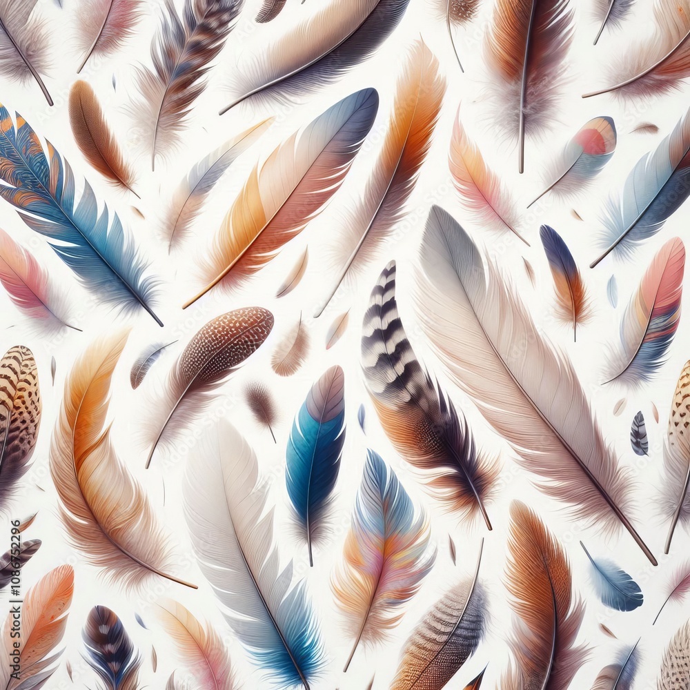 Poster feathers bird feathers of various colors sizes and textures floa