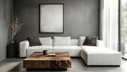 White sofa against a grey wall with a square wooden coffee table in a minimalist living room.
