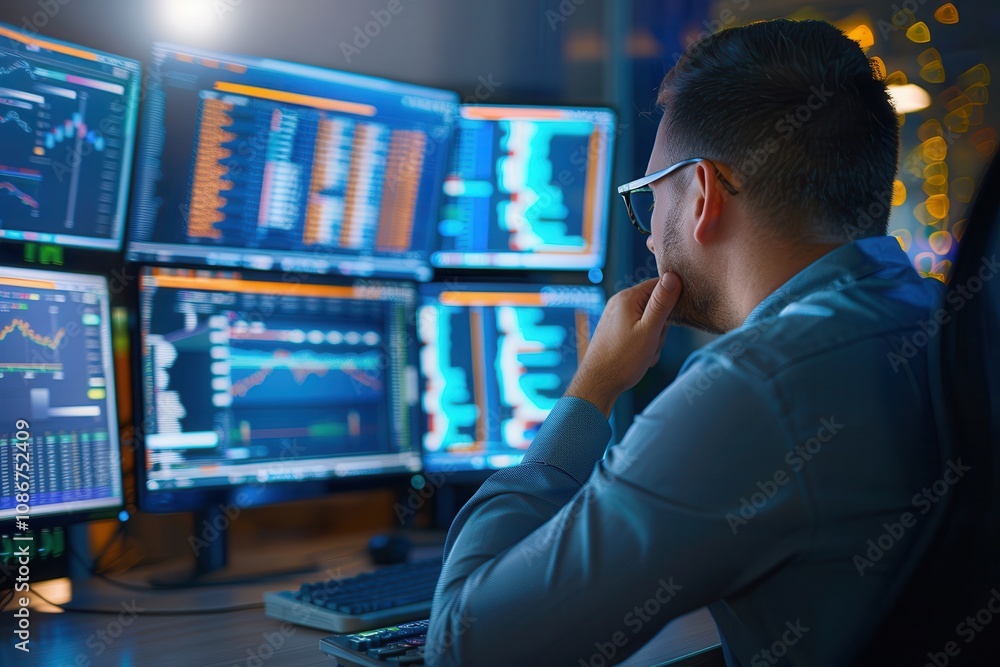 Poster man analyzing stock market data on multiple computer screens in a modern office at night, representi