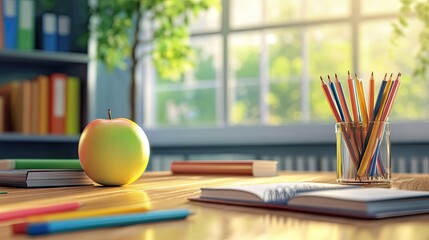 A vibrant green apple sits on a wooden desk beside colorful pencils and notebooks, creating a warm and inviting study atmosphere.