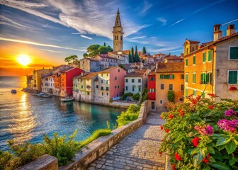 Fototapeta premium Candid Photography of Rovinj's Charming Streets, Old Buildings, and Vibrant Life in Istria, Croatia, Showcasing the Unique Architecture and Coastal Scenery of This Historic Village