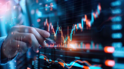 Detailed view of a hand using a pen to analyze stock market data displayed on a digital screen with colorful financial charts and graphs.