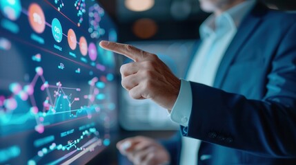 Close-up of a businessman pointing at a digital touchscreen with vibrant graphs and analytics, representing technology and data insights.