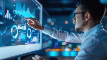 Focused analyst interacting with a digital touchscreen displaying charts, graphs, and data in a futuristic data-driven workspace.