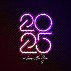 Happy New Year 2025 Illustration with Glowing Neon Light Number on Dark Background. Vector Christmas Holiday Season Design for Flyer, Greeting Card, Banner, Celebration Poster, Party Invitation