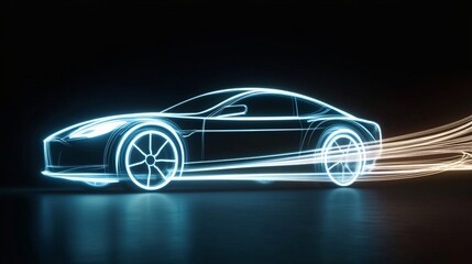 Fototapeta premium Sleek car silhouette with glowing neon light trails on a black background.