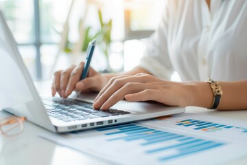 Fototapeta premium Close-up of a businesswoman typing on a laptop while analyzing financial charts and graphs on the desk in a bright office.