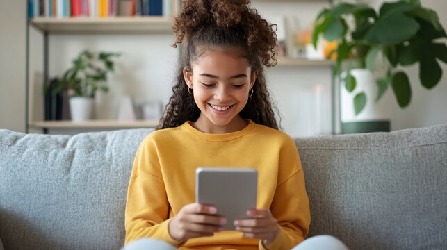 A smiling girl in a yellow sweater holds a tablet while sitting on a couch, engaged in content on her device in a cozy, modern living room.