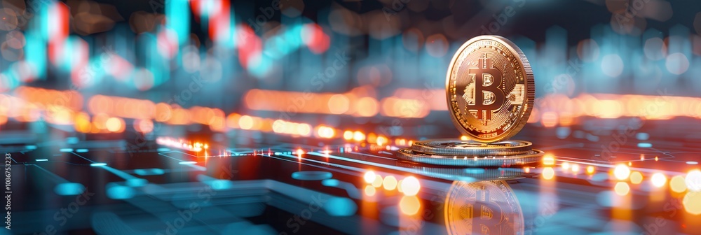 Aufkleber close-up of a golden bitcoin standing on a reflective surface, surrounded by glowing digital charts,