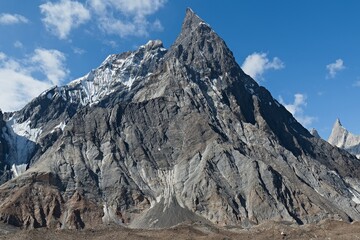 The view from the Concordia campsite, which is located on the Baltoro glacier, on Mitre Peak 6,030 meters high. Karakoram Mountains. Gilgit-Baltistan region. Pakistan. Asia.